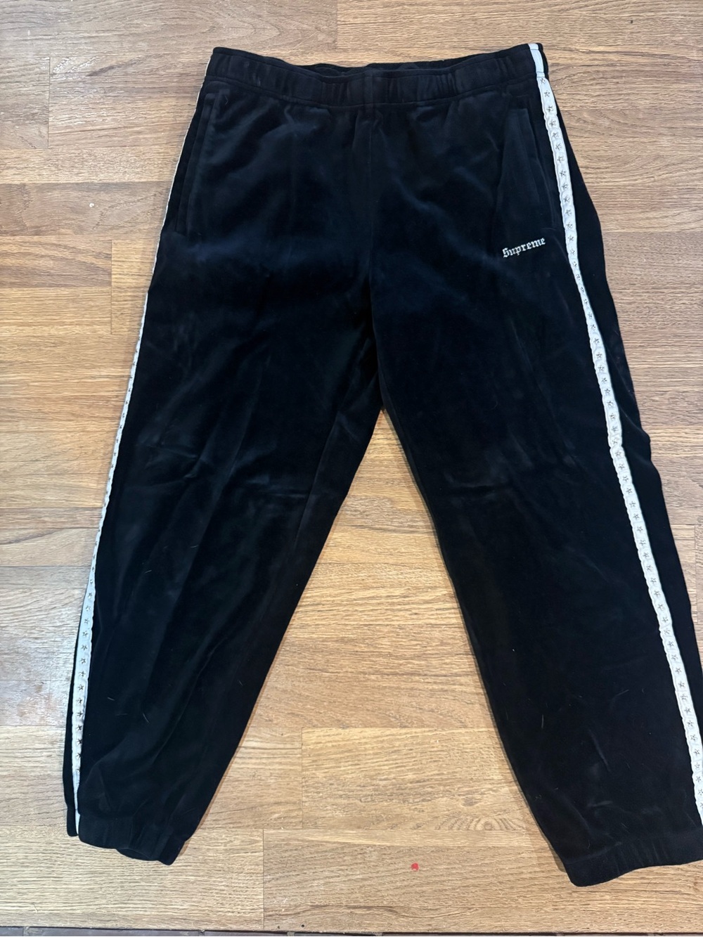 Supreme Black Velour Track Pants with Side Stripe